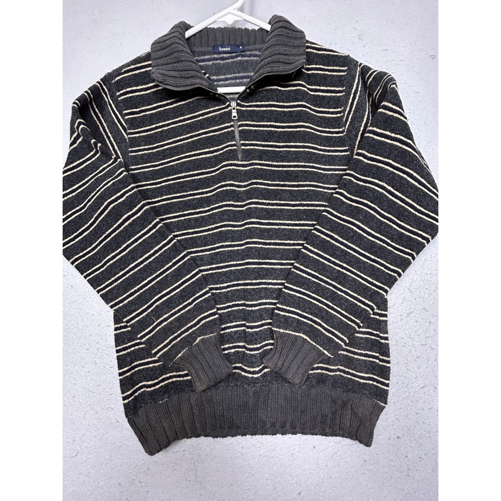 Bossini Quarter Zip Sweater Poly Cotton Striped Gray Cream Small Mens